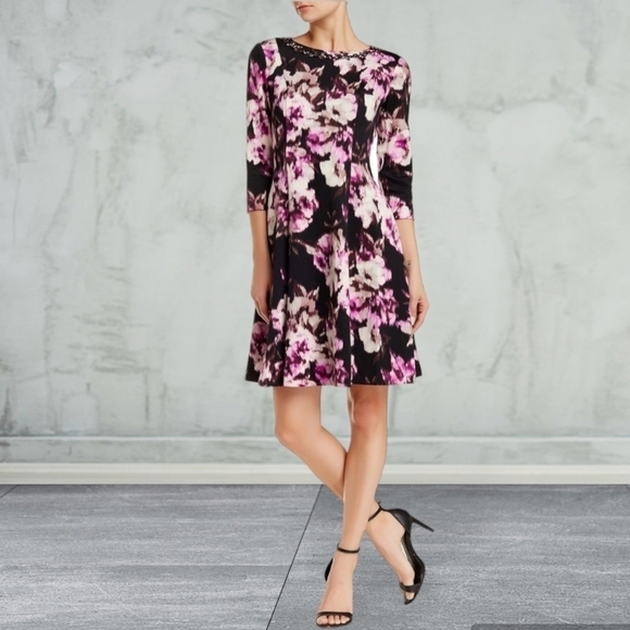 New Eliza J Dress Jeweled Neck purple abstract Print Flared Scuba Knit SZ: 14 - Picture 8 of 8